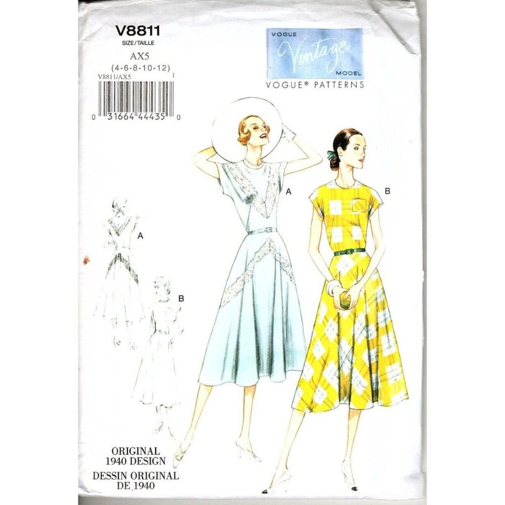 Vogue V8811 Misses 4 to 12 Circa 1940 Pullover Dress UNCUT Sewing Pattern